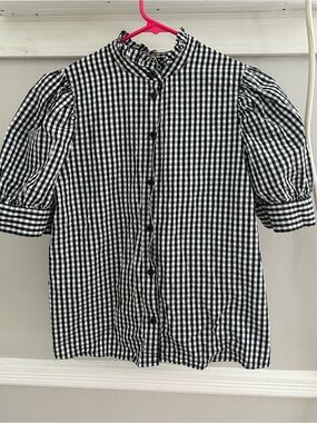 Who What Wear Black & White Gingham Ruffle-Neck Blouse